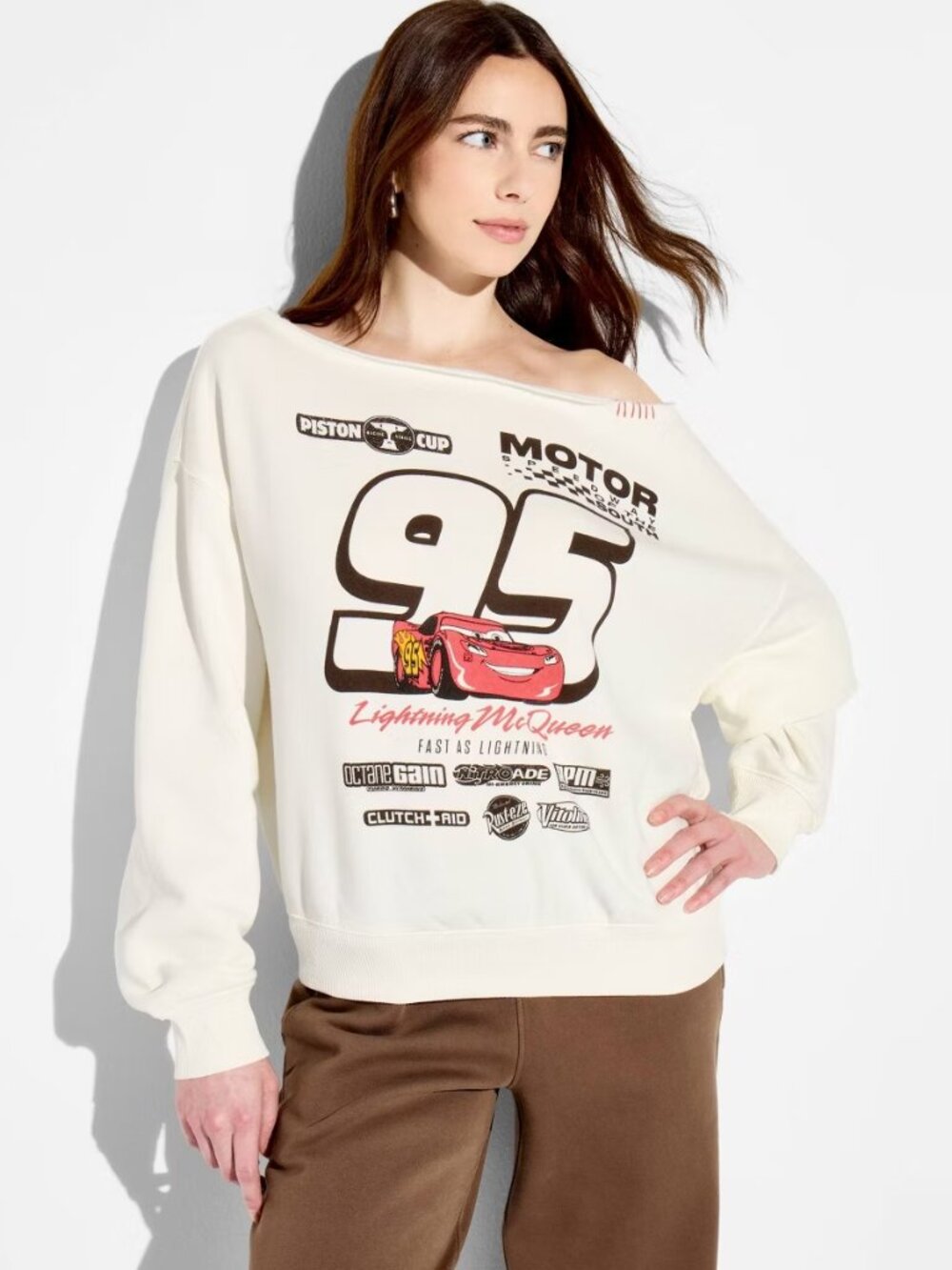 Disney Pixar Cars Women's McQueen 95 Off Shoulder Graphic Pullover Sweatshirt